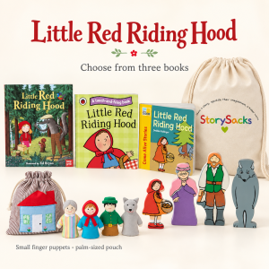 Little Red Riding Hood StorySack choices: three books, small Oskar & Ellen finger puppets with a palm-sized cottage pouch, four Yellow Door wooden characters and a StorySacks bag.