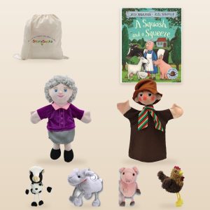 A Squash and a Squeeze StorySack Deluxe – picture book, Old Lady and Wise Old Man hand puppets, Cow, Goat, Pig and Hen finger puppets and StorySacks bag