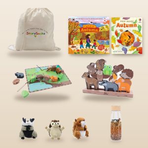 Autumn Woodland StorySack Deluxe: Peep Inside Autumn and A Walk in Autumn books, Jumini Woodland Lacing and Stacking Games, Badger, Hedgehog and Squirrel Finger Puppets, Forest Spy Bottle and StorySack bag