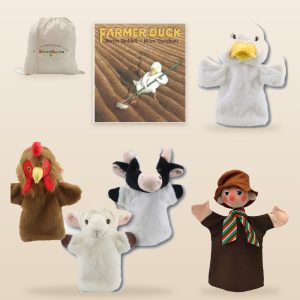 Farmer Duck StorySack Deluxe – picture book, Duck, Farmer, Hen, Sheep and Cow hand puppets and StorySacks bag