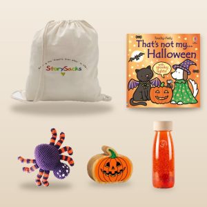 Halloween Baby and Toddler StorySack: That's not my... Halloween, Crochet Spider Rattle, Wooden Pumpkin, Orange Float Bottle and StorySack bag