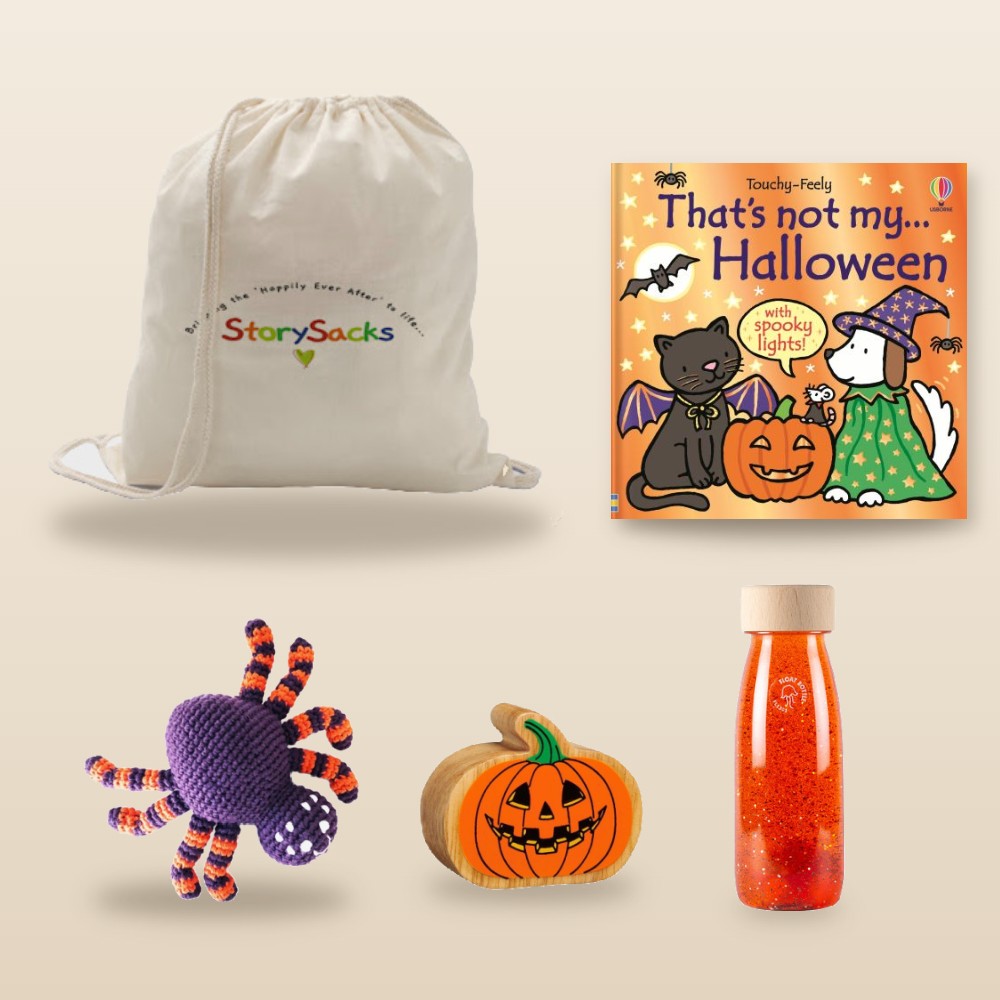 Halloween Baby and Toddler StorySack: That's not my... Halloween, Crochet Spider Rattle, Wooden Pumpkin, Orange Float Bottle and StorySack bag Halloween Baby and Toddler StorySack: That's not my... Halloween, Crochet Spider Rattle, Wooden Pumpkin, Orange Float Bottle and StorySack bag