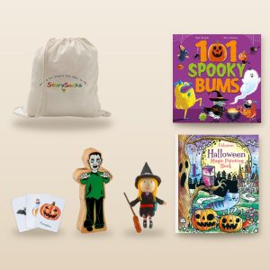 Halloween StorySack: 101 Spooky Bums, Usborne Halloween Magic Painting Book, Halloween Flashcards, Wooden Zombie, Witch Finger Puppet and StorySack bag