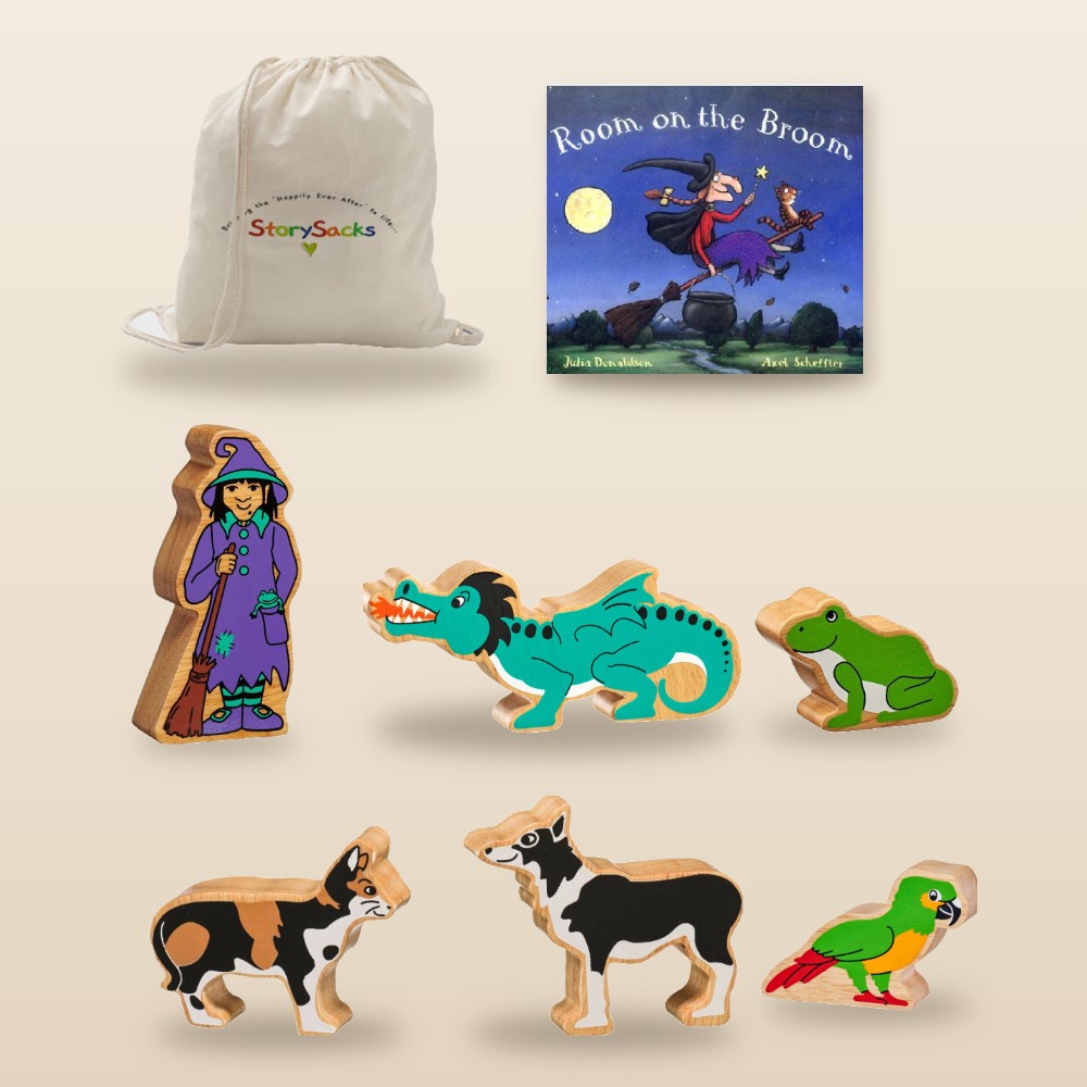 Room on the Broom StorySack Wooden Characters – Lanka Kade wooden Witch, Dragon, Frog, Cat, Dog and Bird, picture book and StorySacks bag