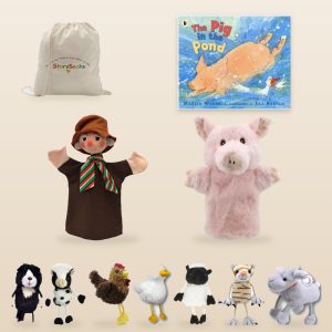 The Pig in the Pond StorySack Classic – picture book, Pig and Farmer hand puppets, Border Collie, Cow, Hen, Goose, Sheep, Cat and Goat finger puppets and StorySacks bag