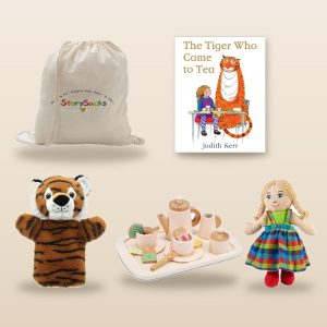 The Tiger Who Came to Tea StorySack Deluxe: picture book, Tiger Hand Puppet, Wooden Tea Set and Sophie Rag Doll with StorySack bag